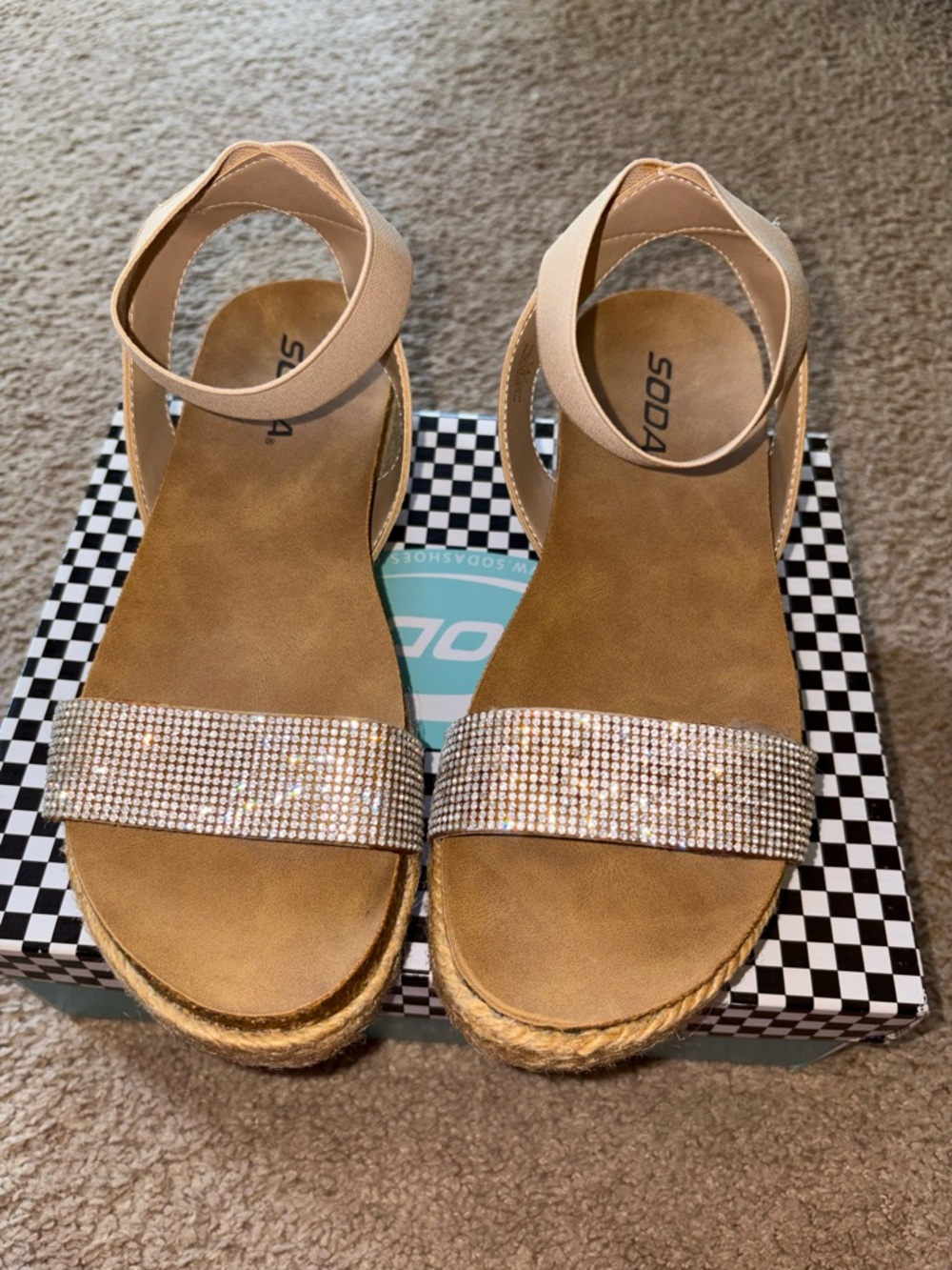 Soda Beige Rhinestone Espadrille Wedge Sandals